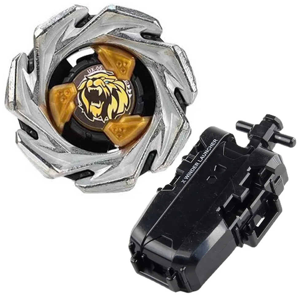 A Beyblade starter set featuring a silver launcher and a gold phoenix wing piece with a black drumsword.