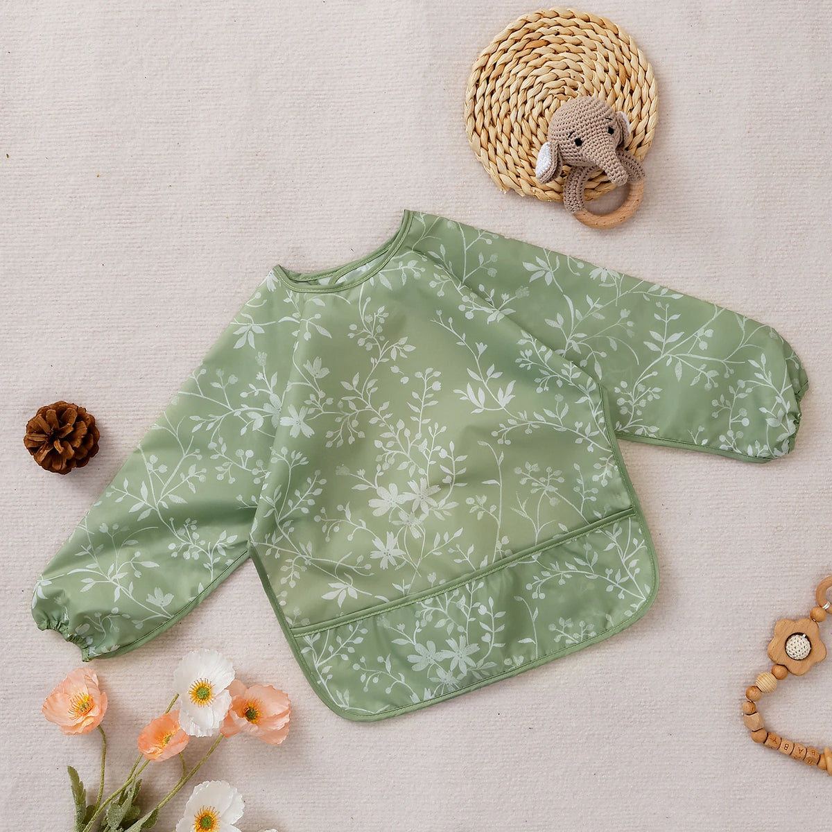 Waterproof Long-Sleeve Baby Bibs with Catch-All Pockets