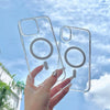 A hand holds a clear magnetic case for an iPhone, showing the design and compatibility features.