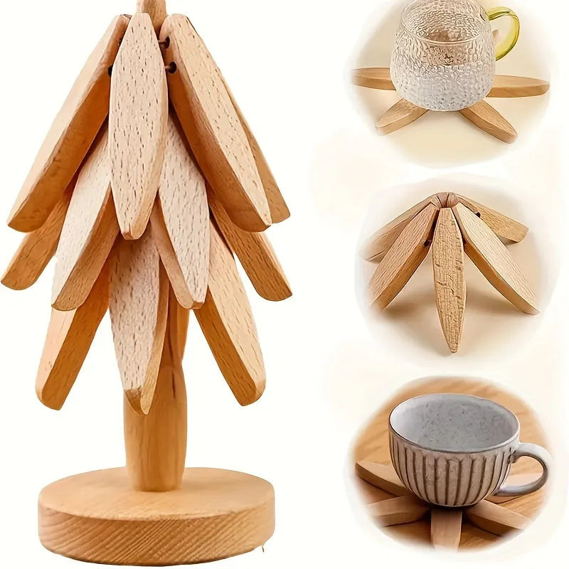 A set of wooden tree-shaped heat-resistant trivets and a matching cup
