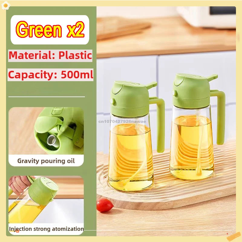 Green 2-in-1 plastic oil spray bottle with gravity pouring and injection strong atomization features