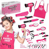 A pink kids hair salon playset includes a dryer, various styling tools, and accessories for pretend beauty play.