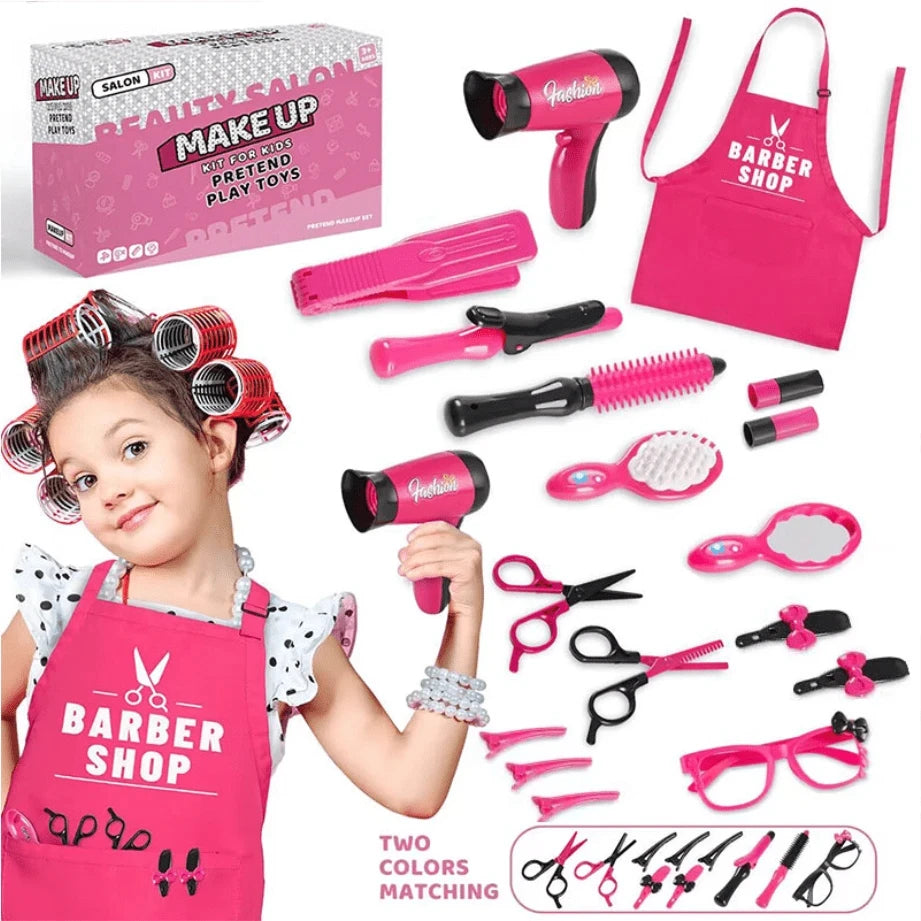 A pink kids hair salon playset includes a dryer, various styling tools, and accessories for pretend beauty play.