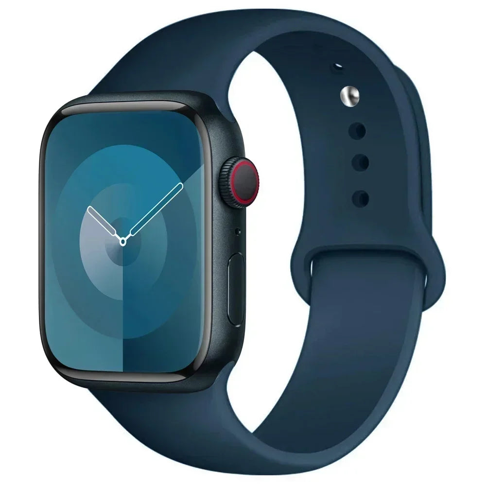 A dark blue silicone sport band for an Apple Watch shown on a white background.