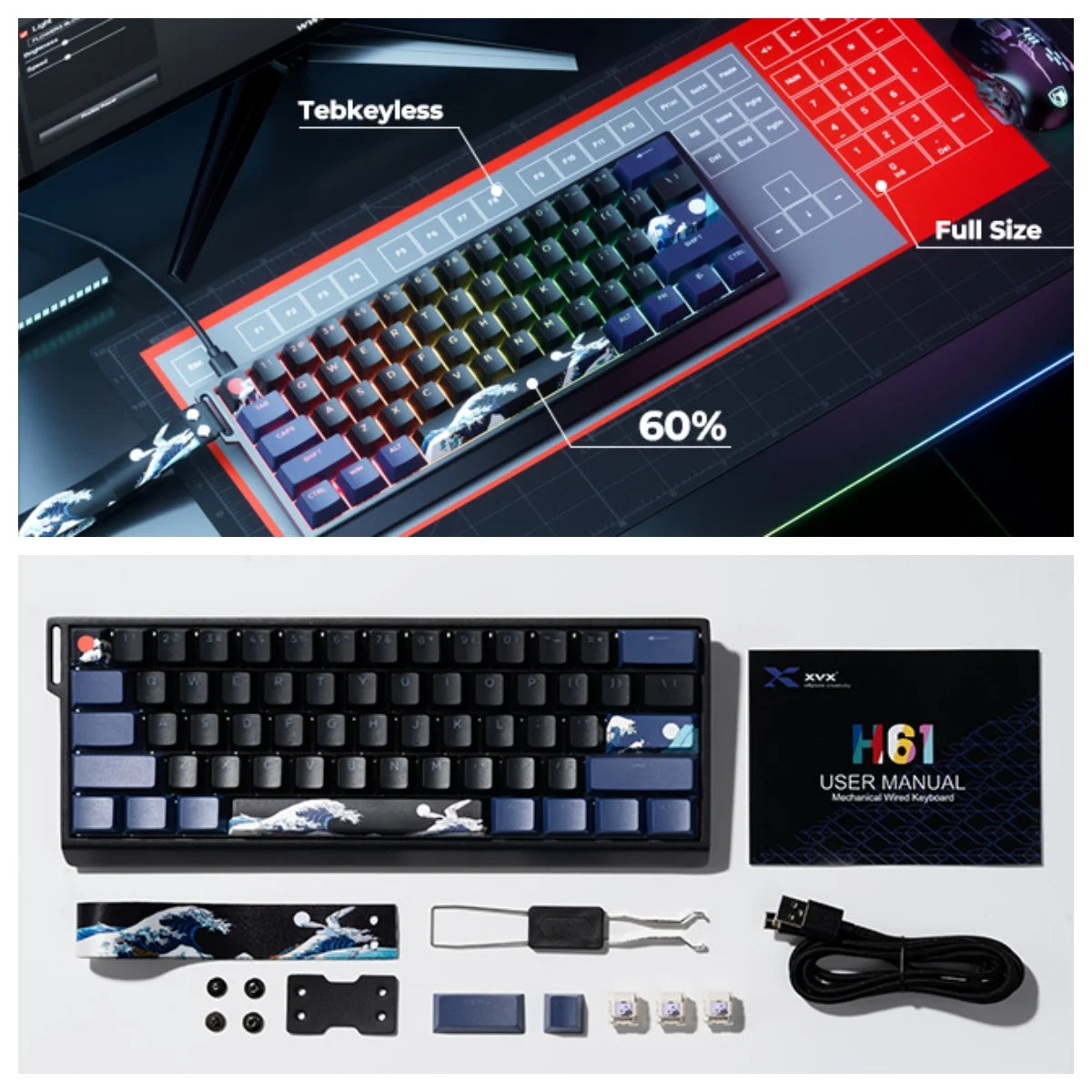 A compact 60% aluminum mechanical keyboard with custom art keycaps and accessories shown on a white background.