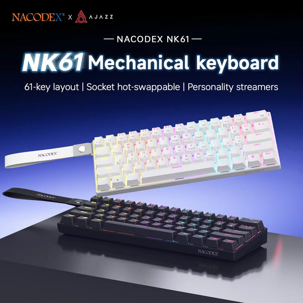 A white mechanical keyboard with a light-colored keycap is shown alongside a black compact keyboard.