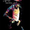 A stylized silhouette of Michael Jackson in a dynamic pose with colorful paint splatters against a black background.