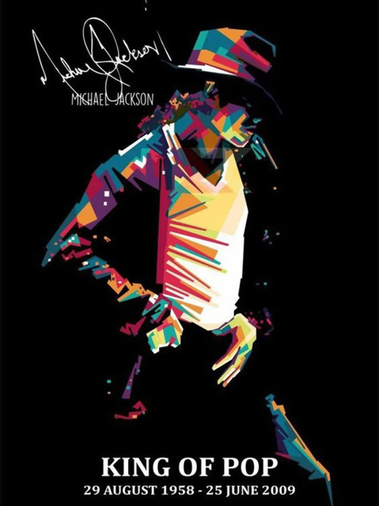 A stylized silhouette of Michael Jackson in a dynamic pose with colorful paint splatters against a black background.