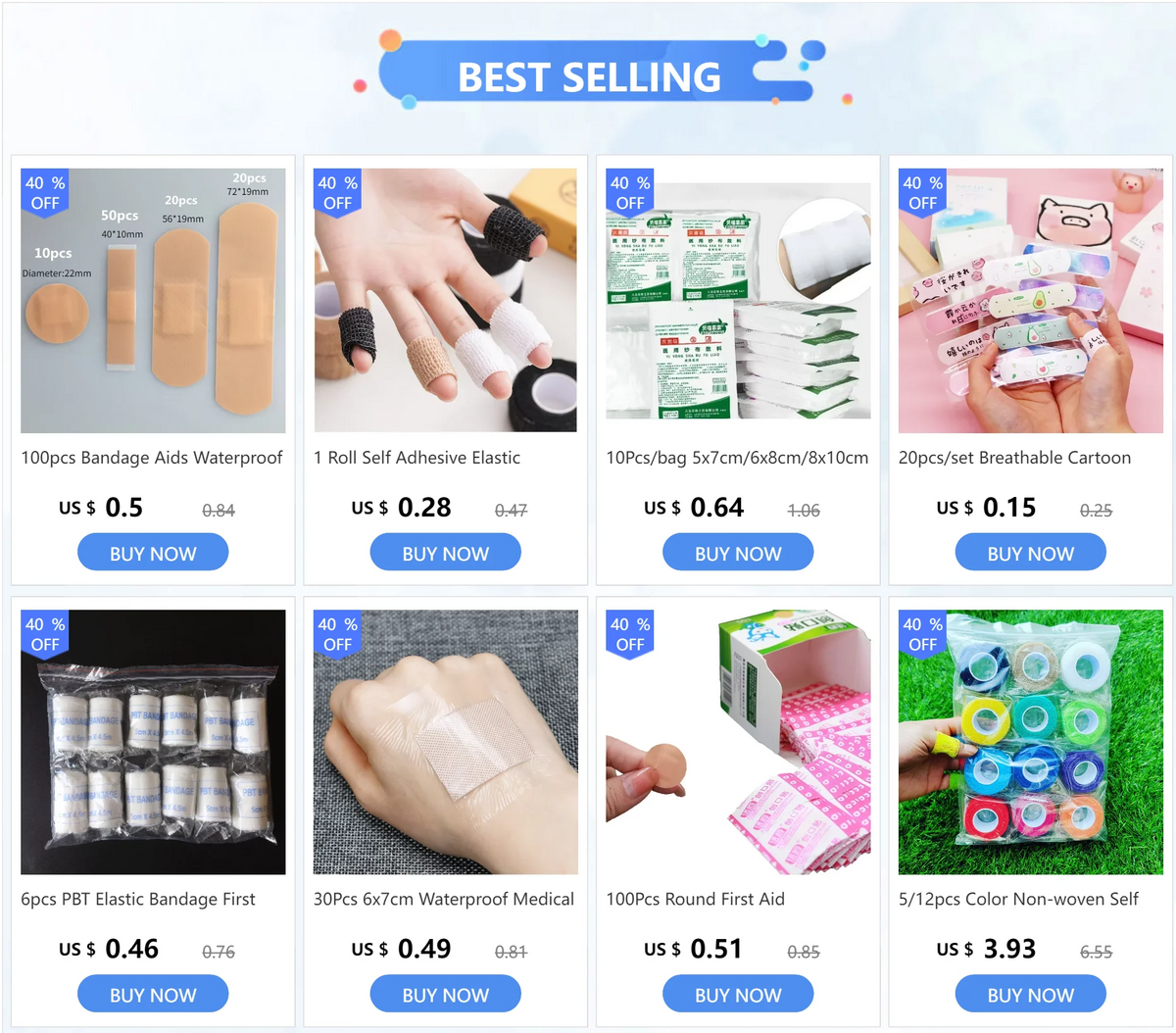 A collection of 100 packs of round waterproof adhesive bandages for minor cuts and wounds.