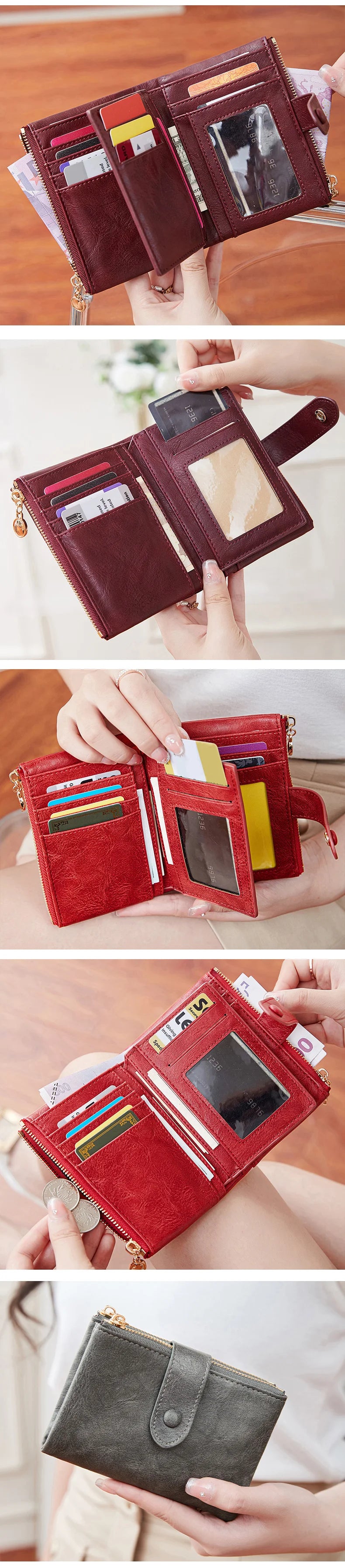 Women's Retro Tri-Fold Wallet with Large Capacity and Dual Zippers