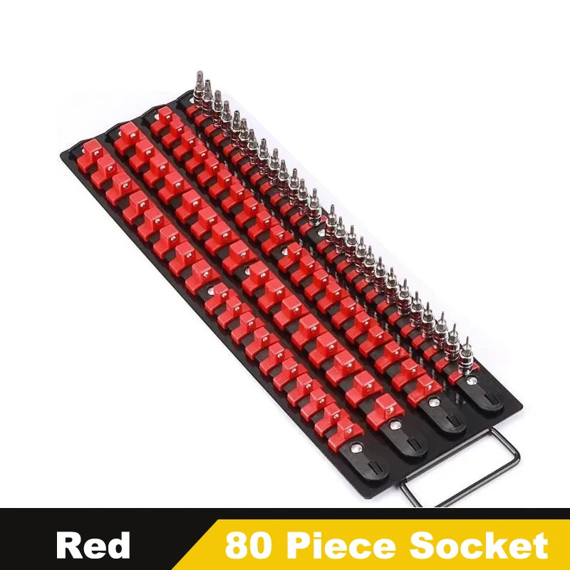 Red 80 piece portable socket organizer tray with a handle