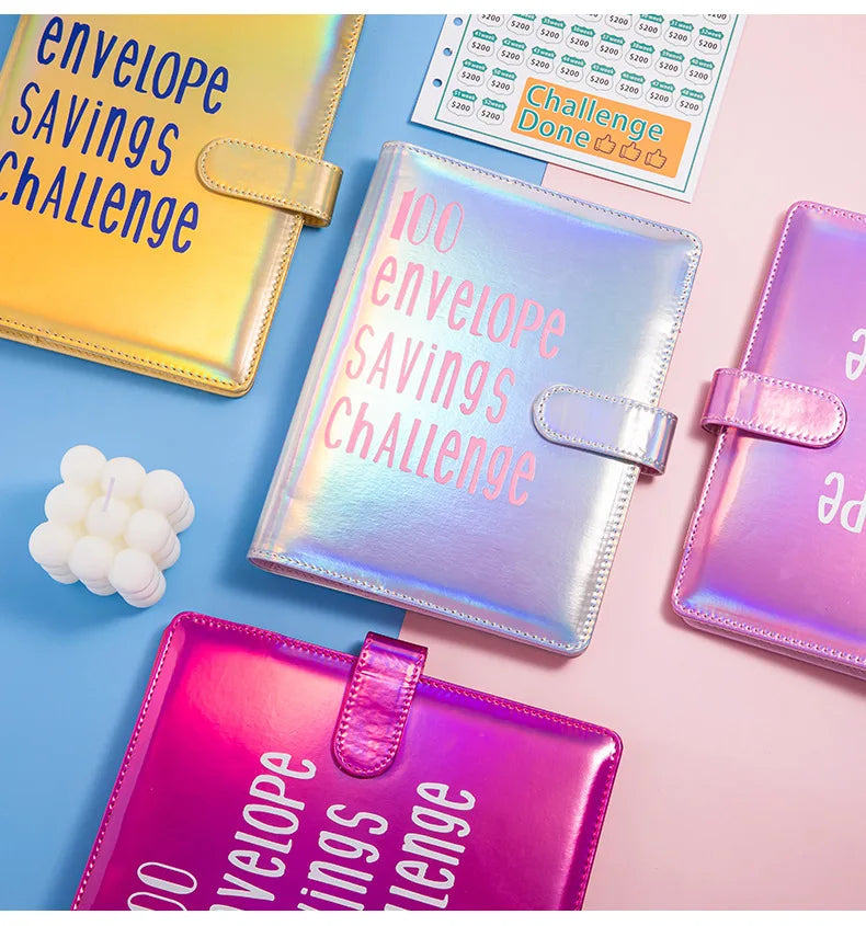 A collection of colorful envelopes and a challenge card displayed on a pink and blue background.