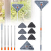 A set of 360° rotating triangle microfiber wall cleaning mops with long handles and attachments shown next to a window.