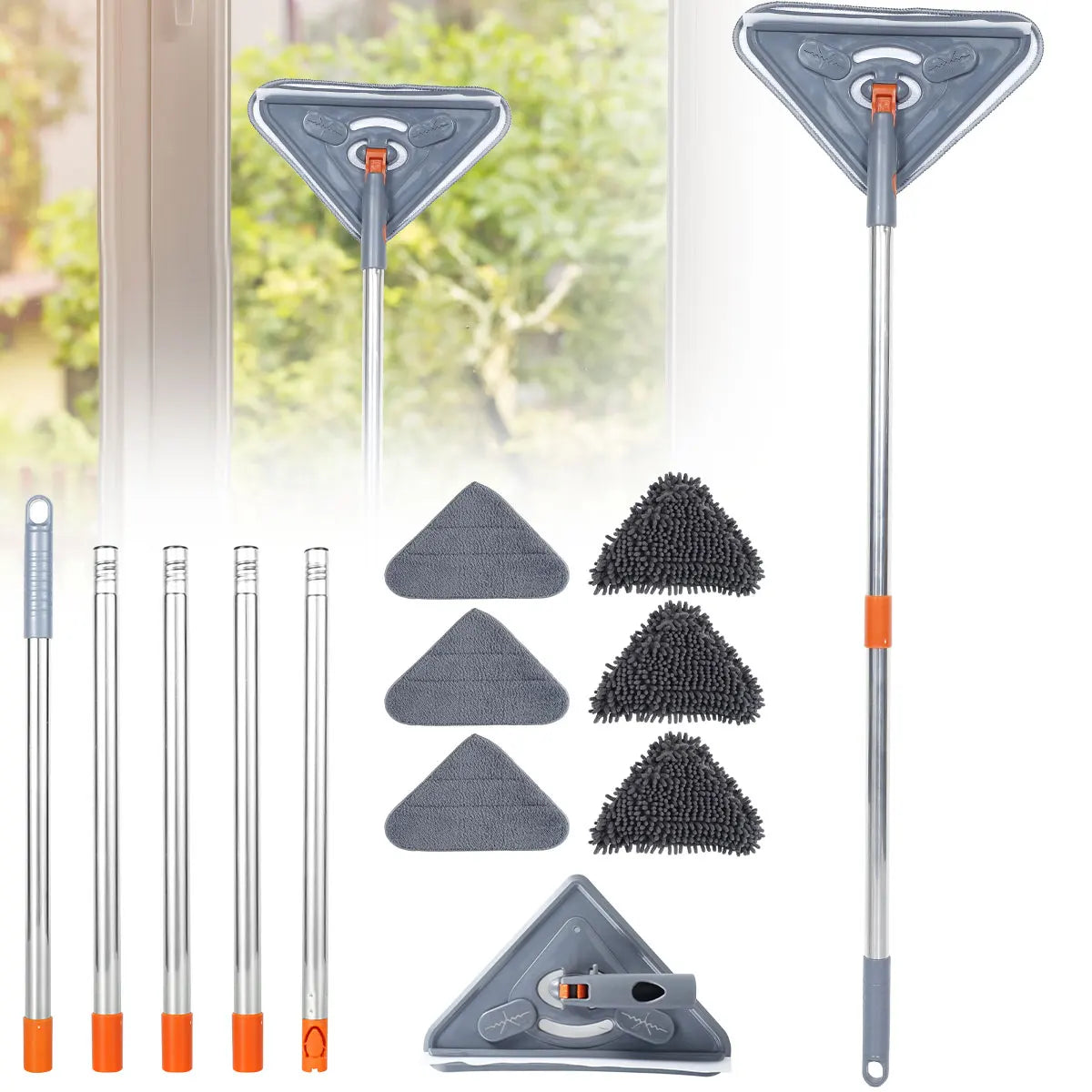 A set of 360° rotating triangle microfiber wall cleaning mops with long handles and attachments shown next to a window.