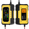 A yellow and black FoxSur smart 12V battery charger with a digital display and power cord.