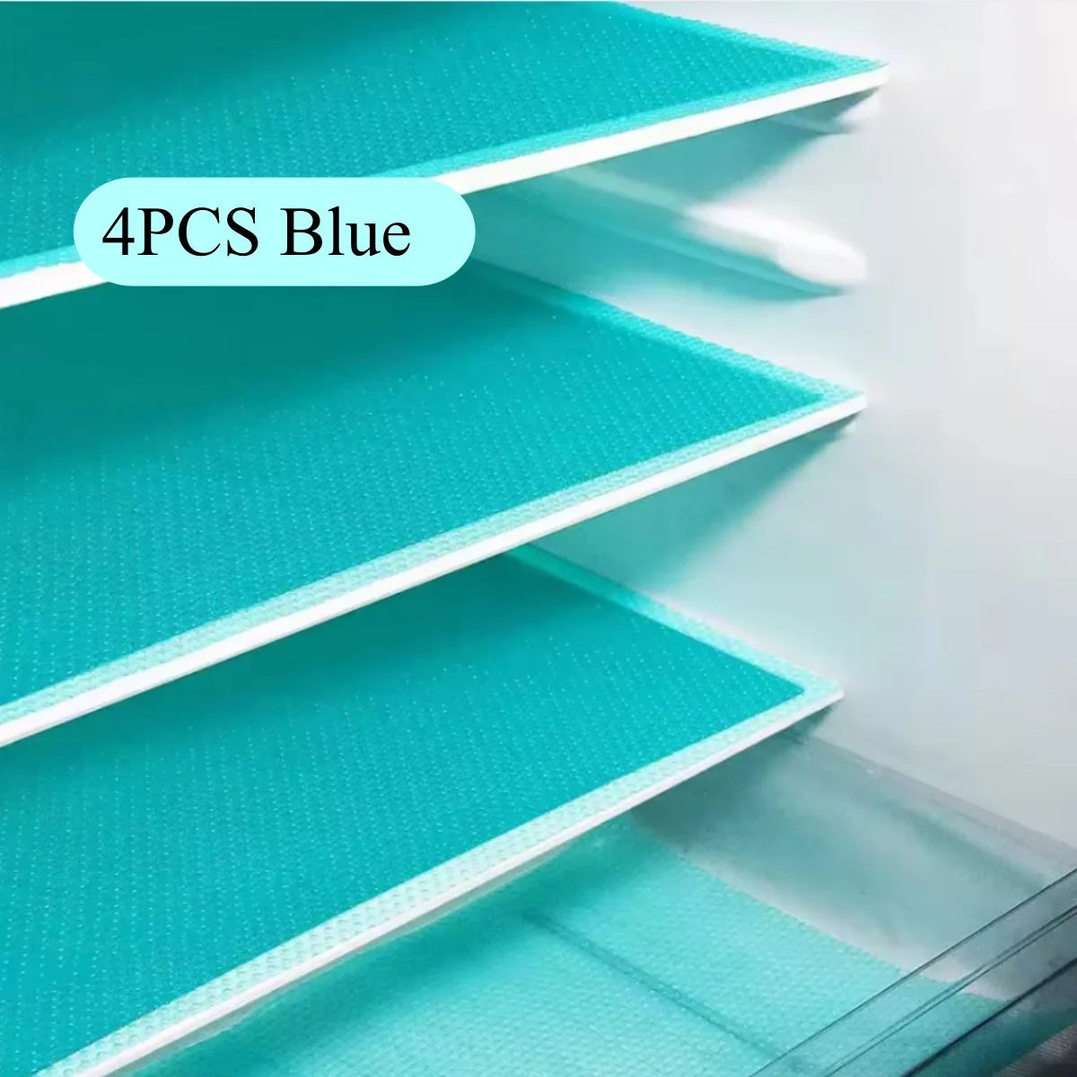 Four blue cut-to-fit EVA fridge shelf liners displayed in a white cabinet.