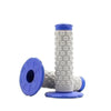 A set of blue and white motorcycle pillow top grips for handlebars.