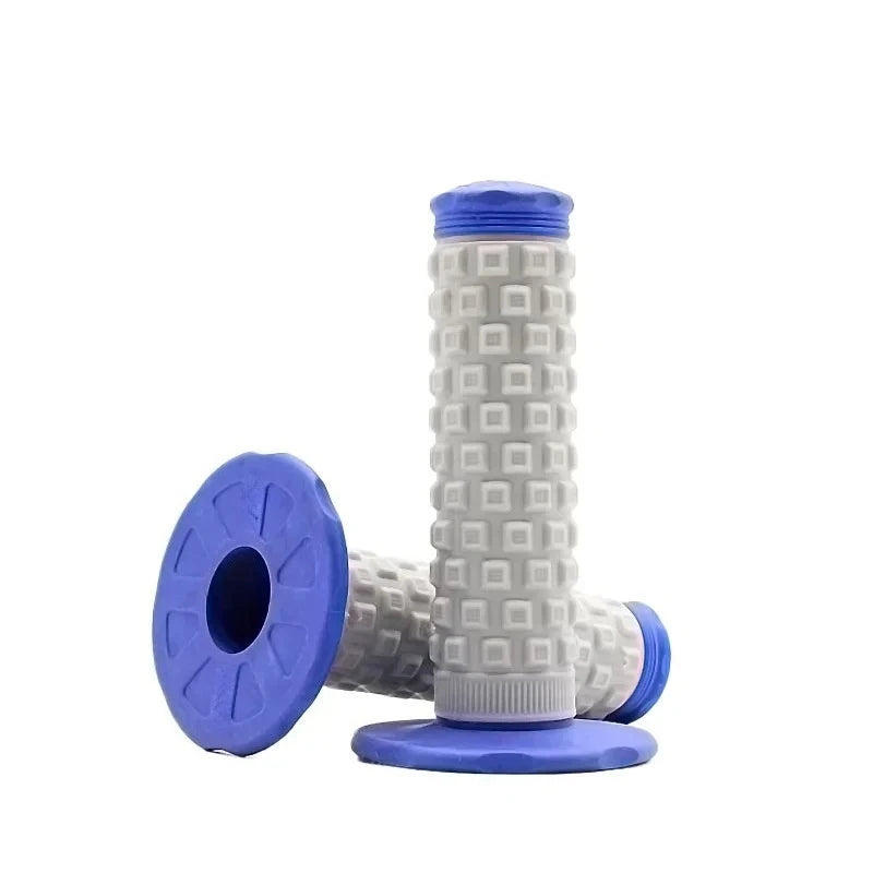 A set of blue and white motorcycle pillow top grips for handlebars.