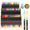 A collection of black paint markers with various colored tips and paint bottles, including an egg and a citrus fruit.