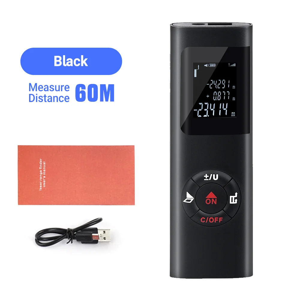 A black laser distance measurer device showing a digital display and power button.