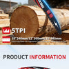 A close-up of a curved edge reciprocating saw blade with various sizes shown next to a log.