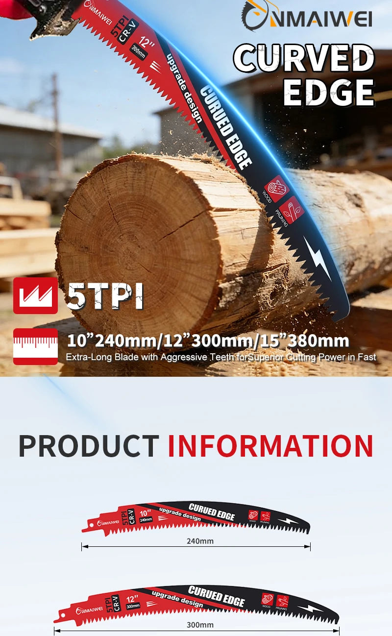 A close-up of a curved edge reciprocating saw blade with various sizes shown next to a log.