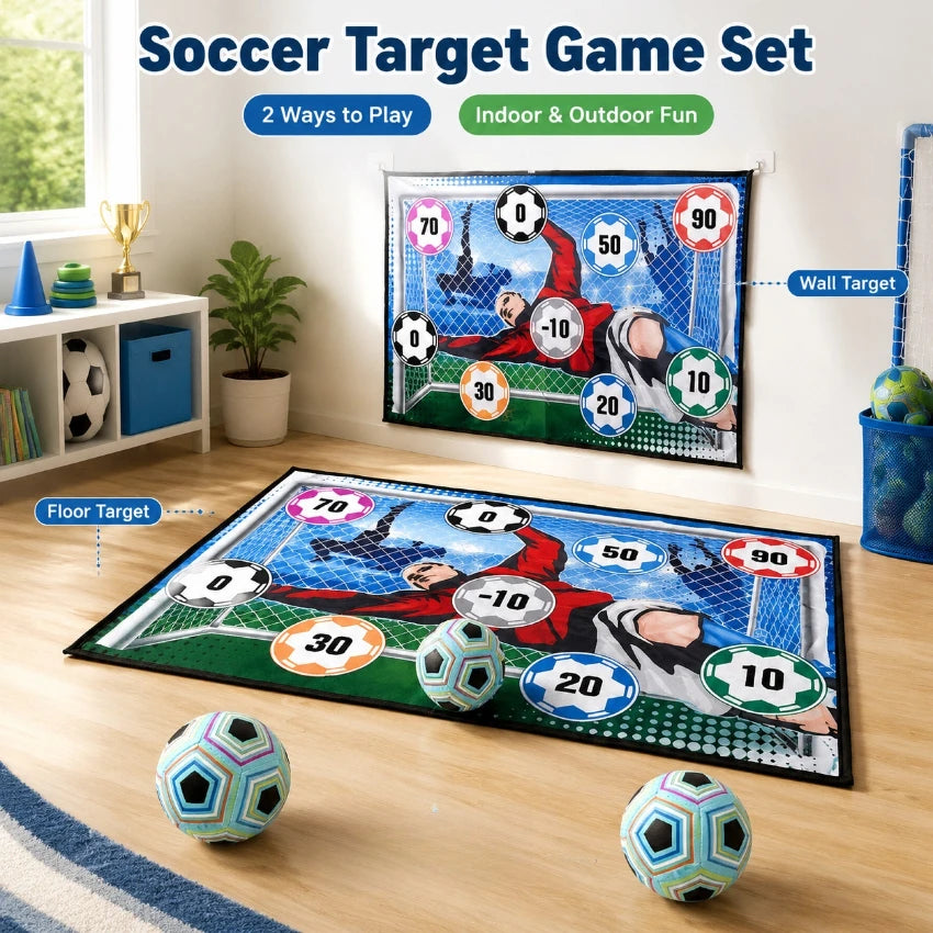 A soccer target game set with a wall-mounted board and a floor mat, showing various scoring targets.