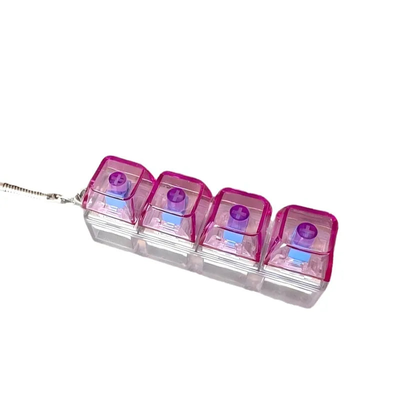 A clear plastic keyboard keychain fidget toy with pink and purple LED lights.