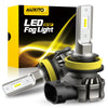 A box and a pair of LED fog lights are shown, featuring a silver housing and yellow accents.