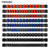 A set of black and red universal socket organizer rails for wall mounting.