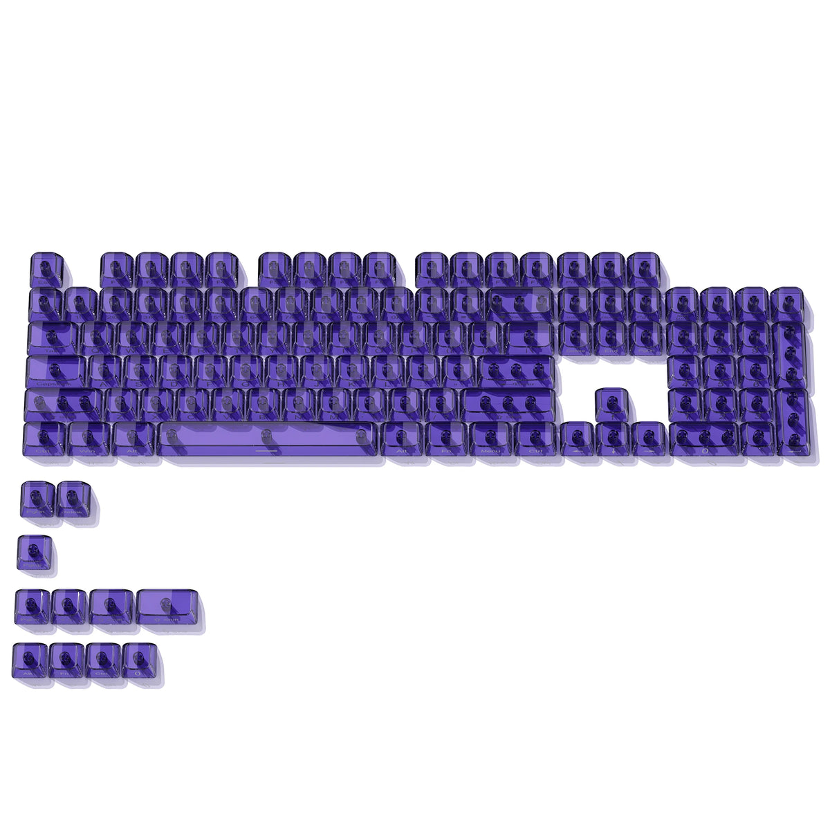 A set of 115 keycaps with an MDA profile in a purple color featuring crystal clear RGB backlighting.