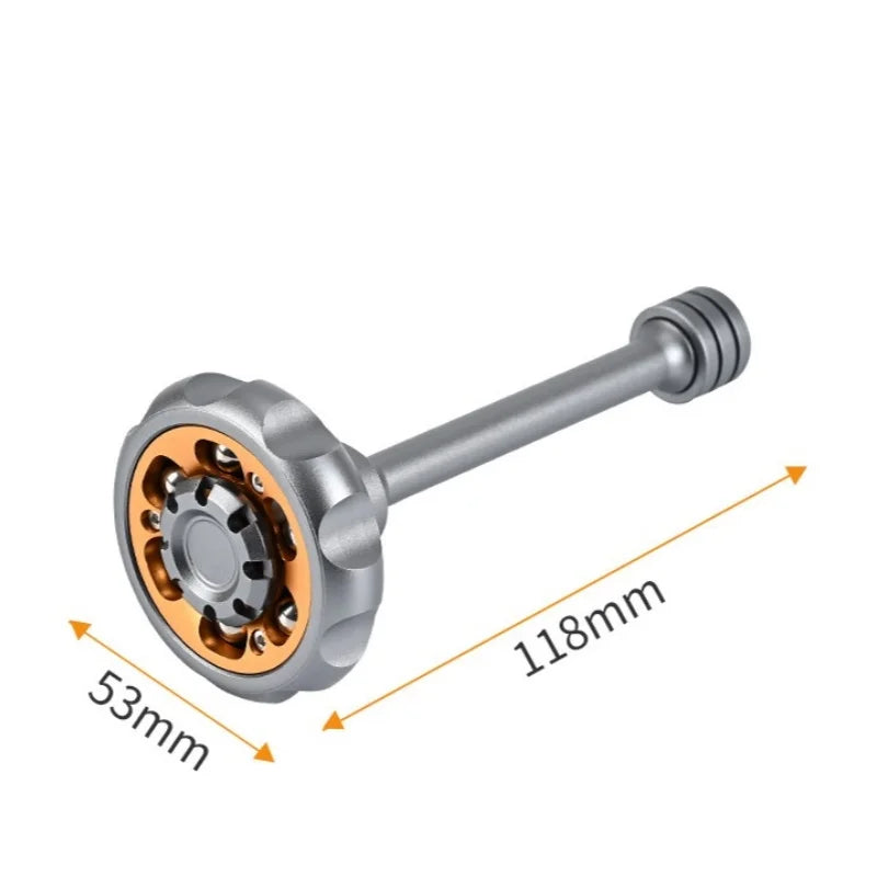 A silver metal fidget toy with a hexagonal top and a cylindrical shaft, shown with dimension lines.