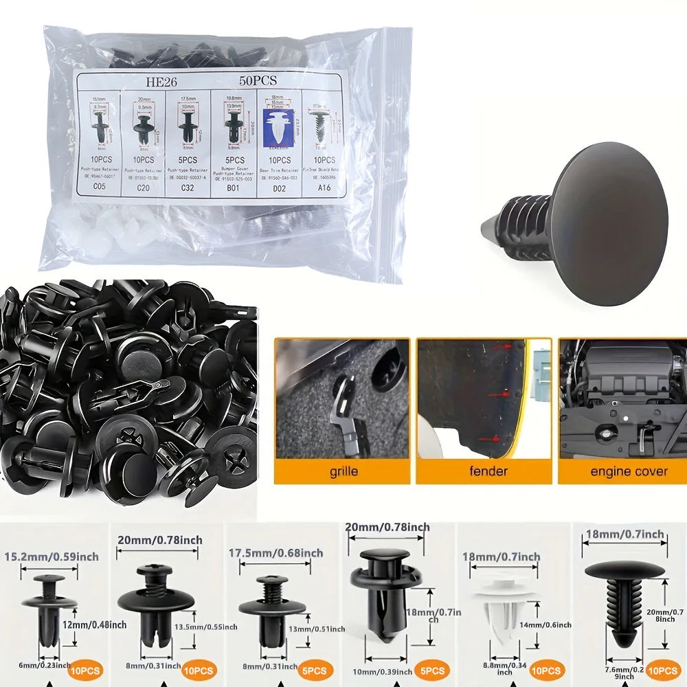 A variety of auto fastener clips and trim components are shown, including various sizes for car body work.