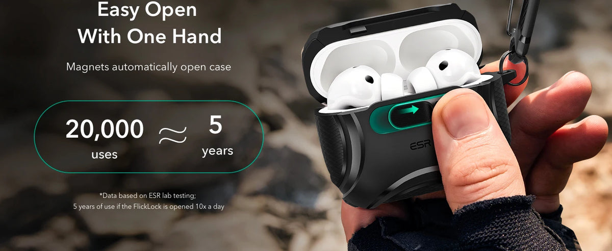 A hand holds an ESR AirPods Pro 3 case, demonstrating its easy open feature and magnetic closure.