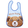 A wipeable baby bib featuring a bear design with a catch-all pocket for weaning toddlers.