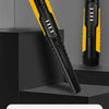 A black handheld metal detector with a yellow grip and LED light indicator is shown against a gray background.