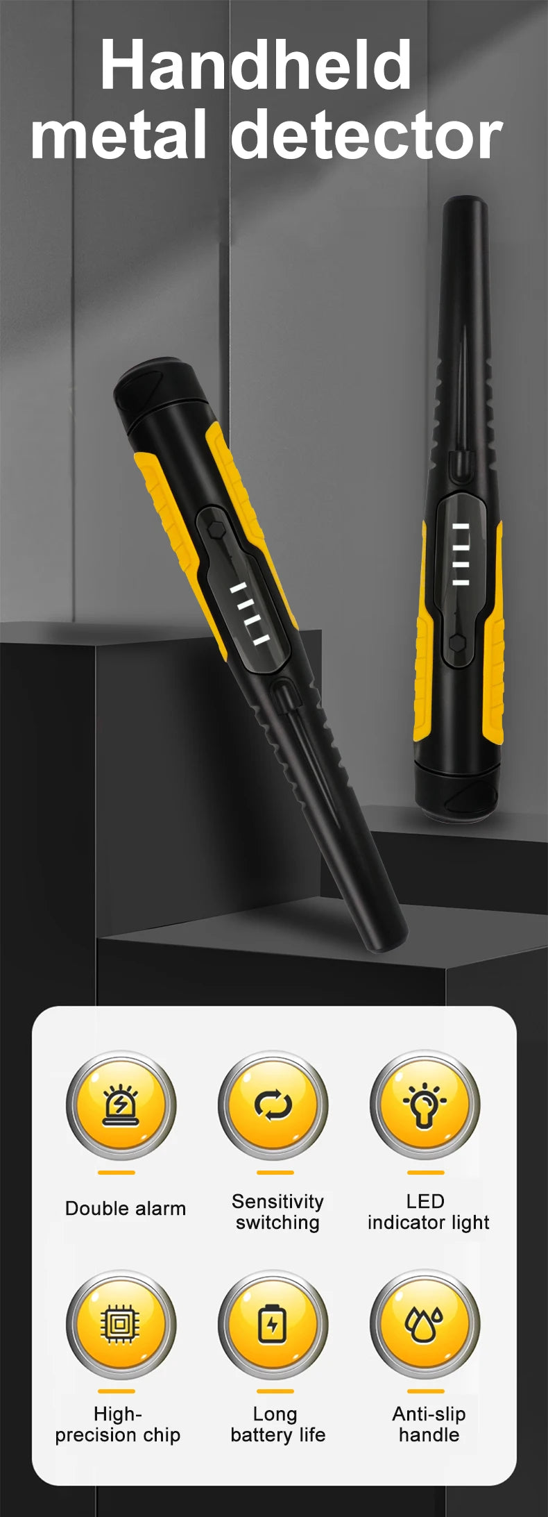 A black handheld metal detector with a yellow grip and LED light indicator is shown against a gray background.