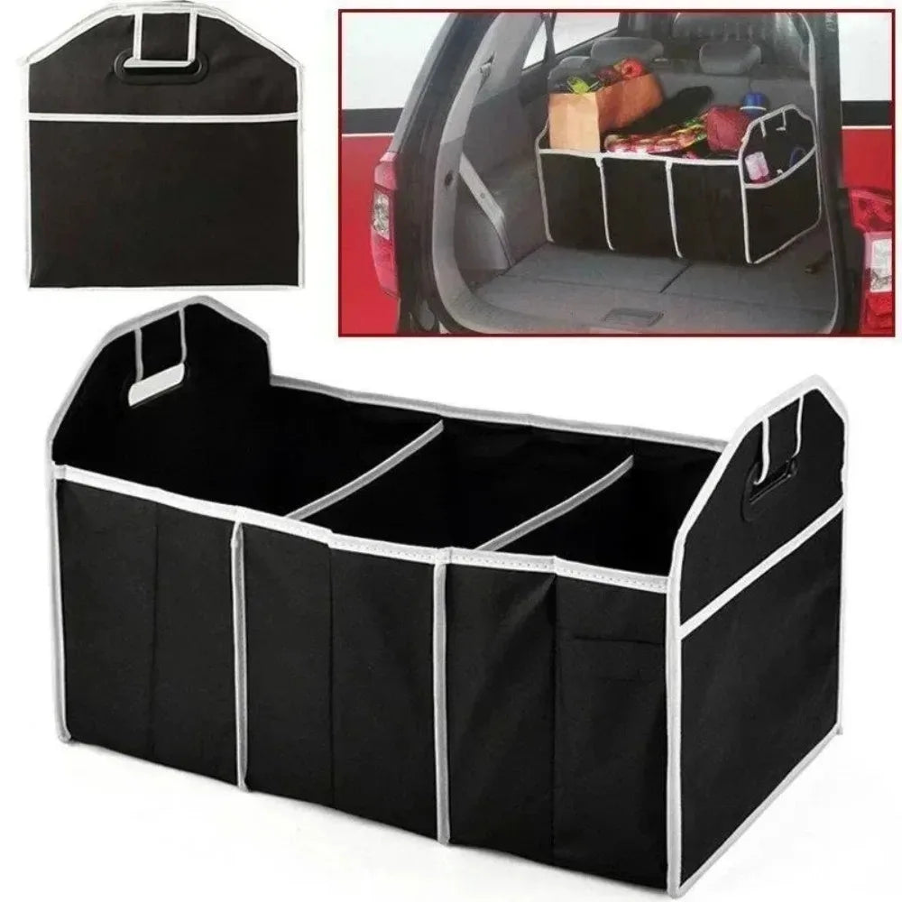 Organizador plegable para maletero de coche negro con divisores y compartimentos para organizar objetos en el maletero.
