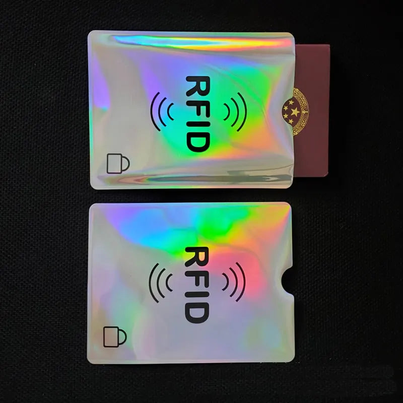 Two translucent RFID blocking cards with an RFID symbol are shown against a dark background.