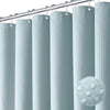 A row of light blue waffle textured shower curtain rings hanging from a metal rod.