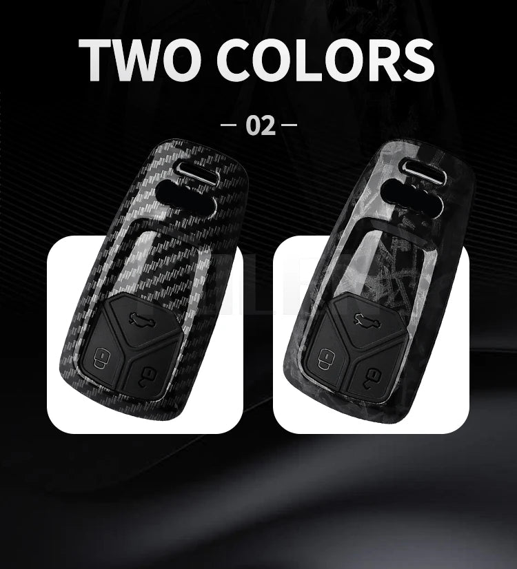 Two carbon fiber style key fob covers shown side by side.