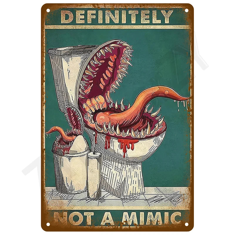 Vintage metal tin sign featuring a menacing depiction of a dinosaur's mouth and the text DEFINITELY NOT A MIMIC