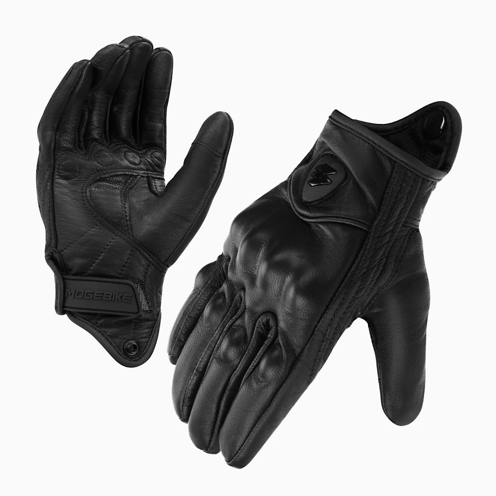 A pair of black leather motorcycle gloves with a textured palm and finger protection.