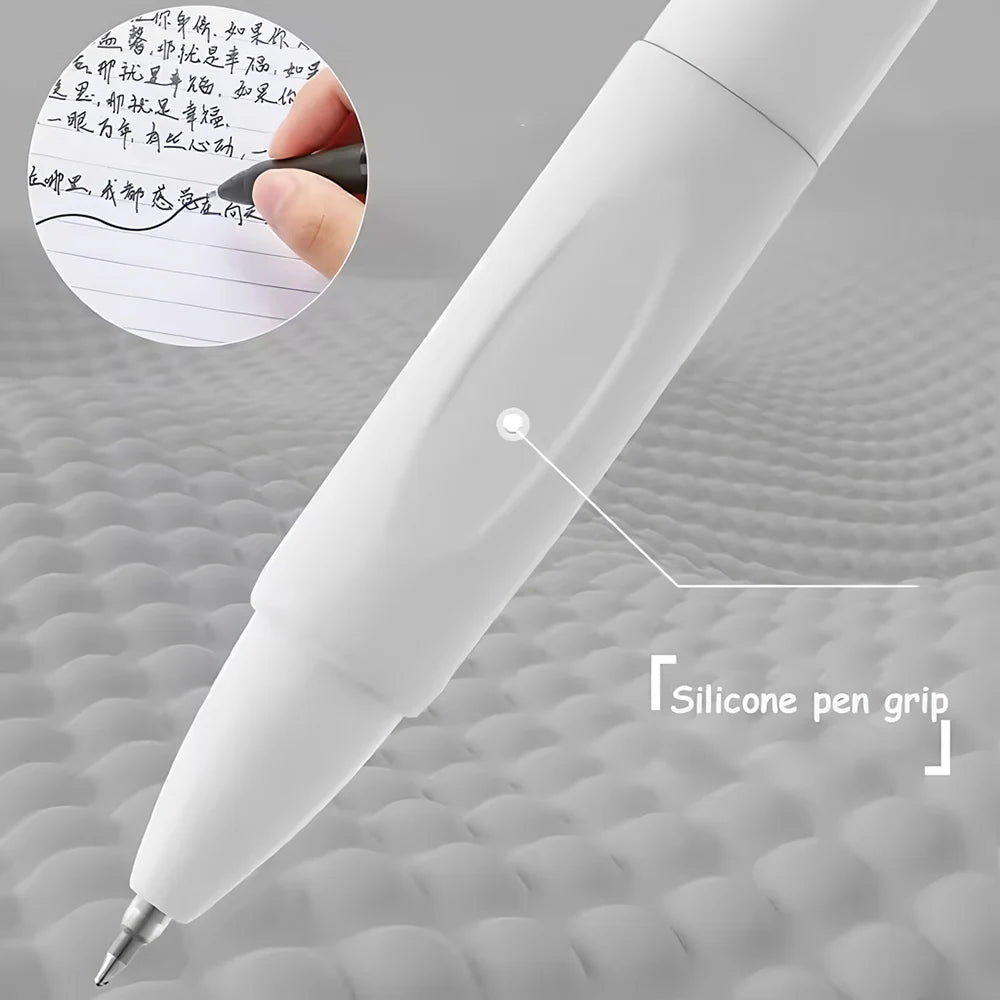 A white retractable gel pen with a silicone grip is shown writing on a piece of paper.