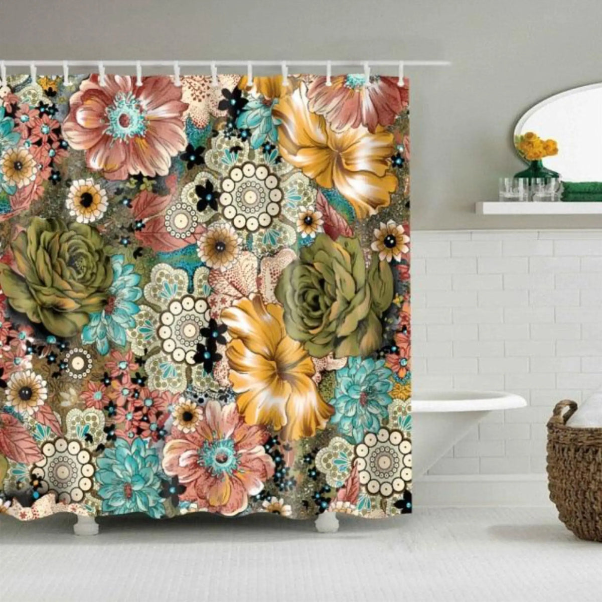 Mandala Boho Shower Curtain with Floral Print