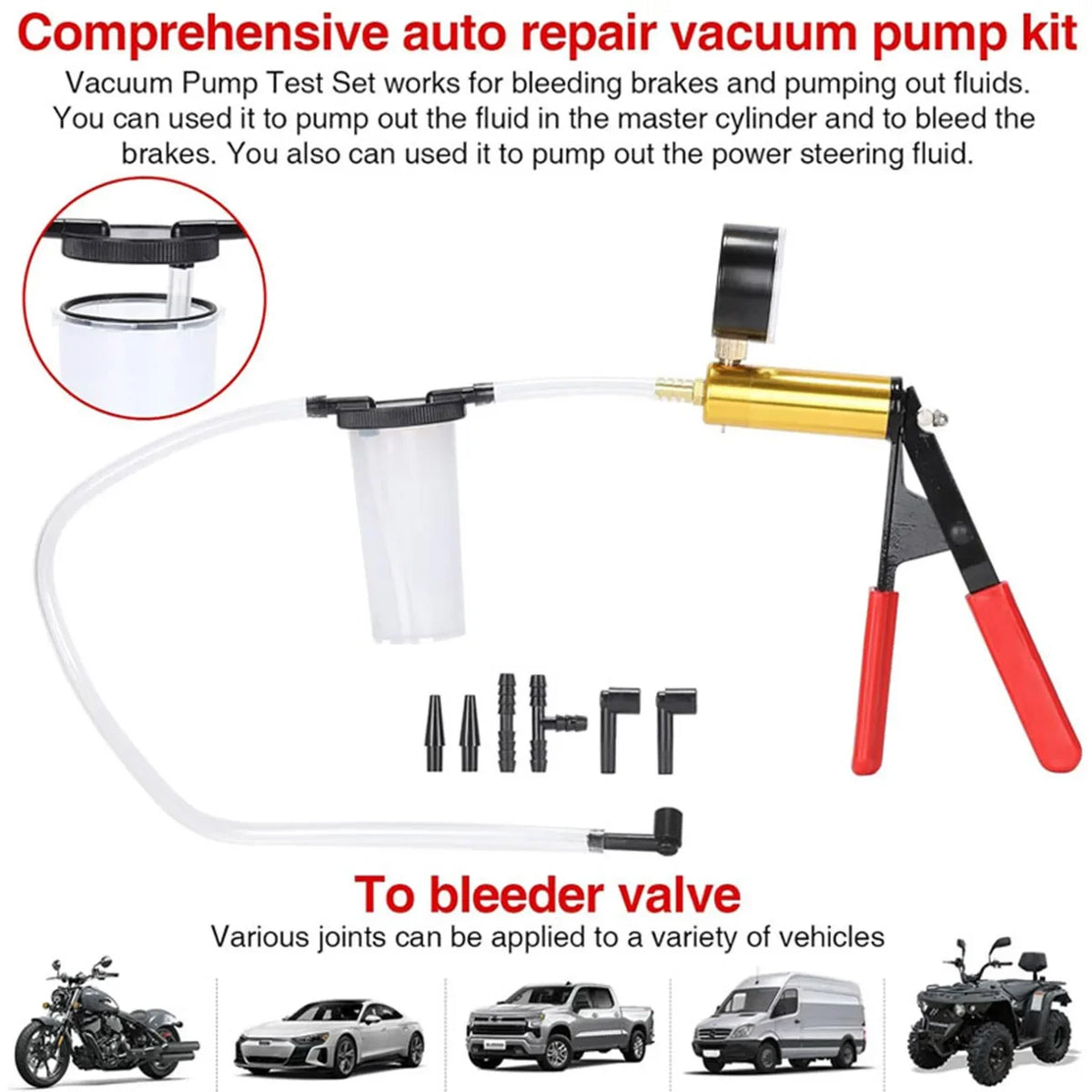 A professional brake bleeder and vacuum pump kit with various joints and a gauge for bleeding brakes and pumping fluids.