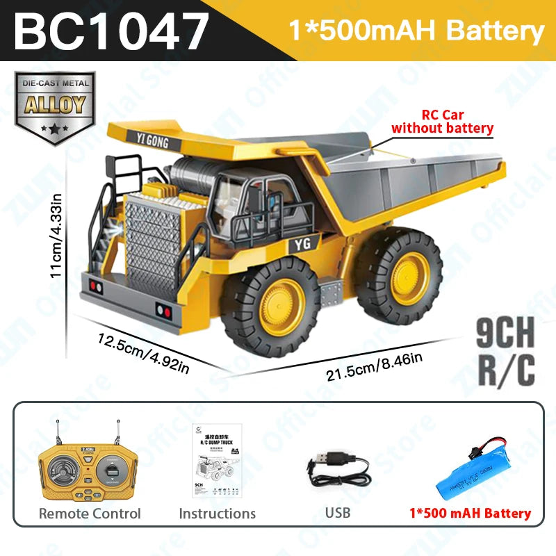 Yellow RC Car construction excavator with dump truck and 1500mAh battery