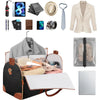 A collection of travel accessories including a duffel bag, shoe pouches, and various grooming tools.