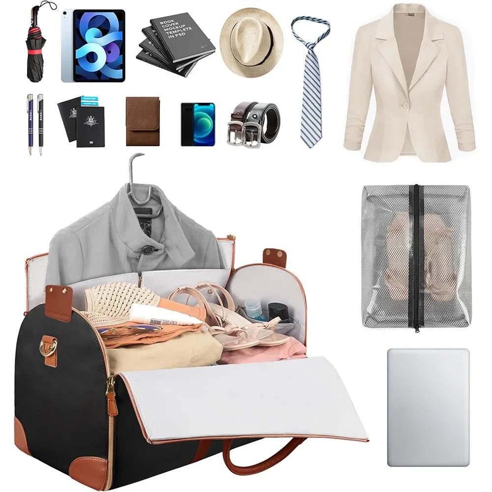 A collection of travel accessories including a duffel bag, shoe pouches, and various grooming tools.