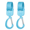 A pair of light blue rotating stroller hooks designed for hanging bags and essentials.